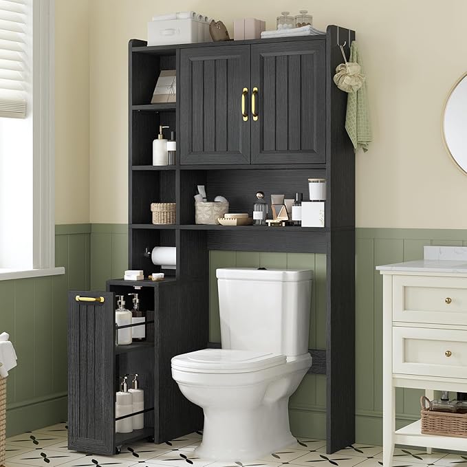 Over The Toilet Storage Cabinet with Pulley, Bathroom Cabinet, Space Saver W/Adjustable Shelf Rack for Bathroom, Restroom, Laundry (Black-Type A)