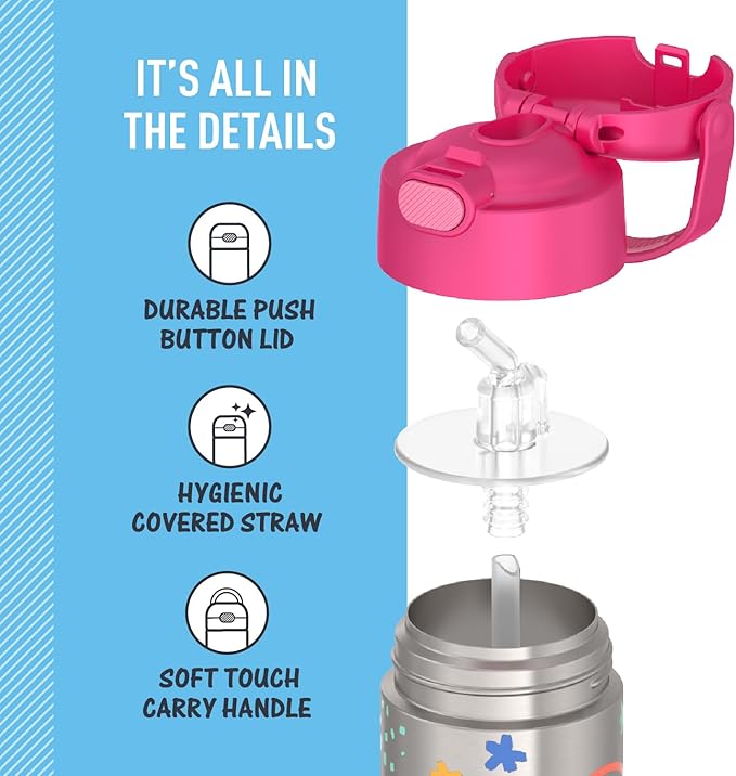 THERMOS FUNTAINER Water Bottle with Straw - 12 Ounce - Kids Stainless Steel Vacuum Insulated Water Bottle with Lid, Peppa Pig