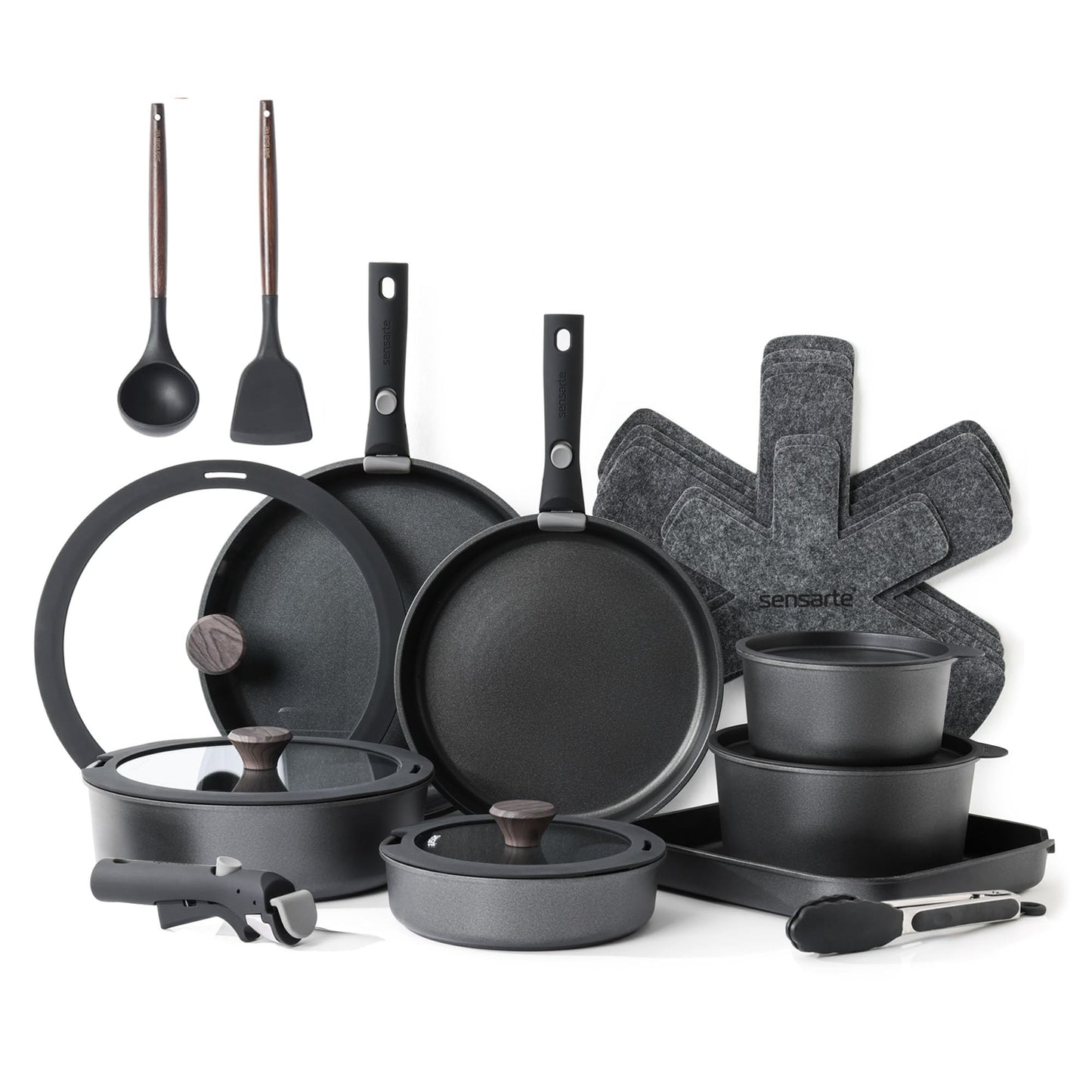 SENSARTE 24 Piece Nonstick Detachable Handle Pots and Pans Set Black