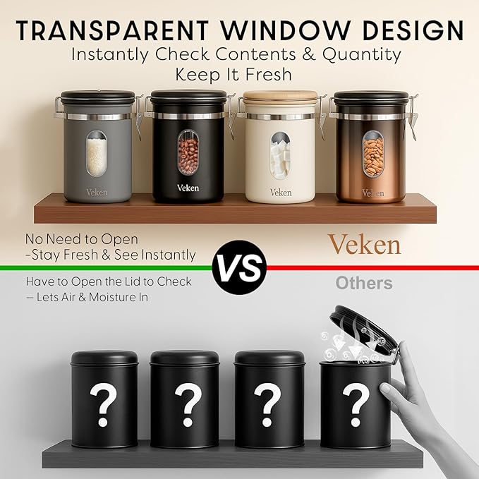 Veken Coffee Canister with Window,Airtight Stainless Steel Kitchen Food Storage Container, Date Tracker & Scoop for Grounds Coffee, Beans, Tea,Flour,Cereal,Sugar,22OZ,Copper (Pack of 2)