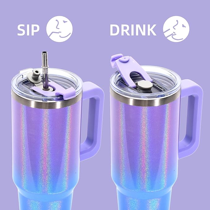 30 oz Shiny Tumbler with Handle and Straw,Stainless Steel Tumbler with Lid and Straw,Insulated Travel Mug(Cold for 34 Hours),Water Bottle for Iced Tea,Coffee (Purple)