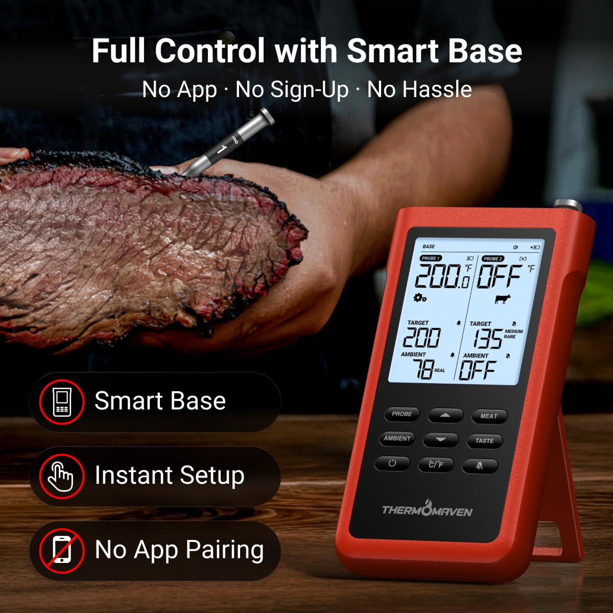 ThermoMaven 3000FT Wireless Meat Thermometer, No App Needed, 2 Probes