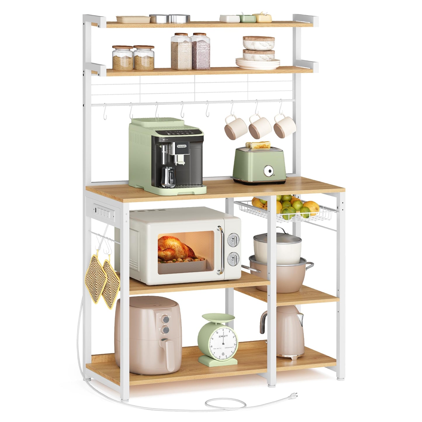 VASAGLE Baker's Rack, 35.4 Inches Microwave Stand with Wire Basket, 8 Hooks