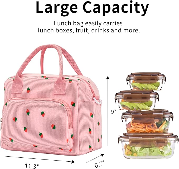 Lunch Bag Women Lunch Box for Women Adult Cute Insulated Lunch Bag Lager Cooler Lunch Tote Bags for Work Picnic (Pink-Strawberry)