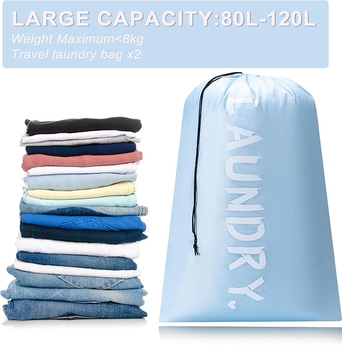 2 Pack XL Travel Laundry Bag, Machine Washable Dirty Clothes Organizer with Drawstring,Large Enough to Hold 4 Loads of Laundry, Easy Fit a Laundry Hamper or Basket Travel Essentials 24" x 36"