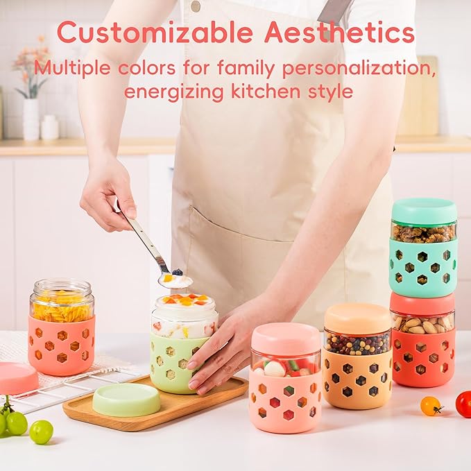 Gemice 6-Pack 16 oz Overnight Oats Containers with Lids and Silicone Sleeves, Glass Mason Jars with Airtight Lid, Dishwasher Safe, Wide Mouth Chia Seed Pudding Meal Prep Jar for Yogurt Berries Snack