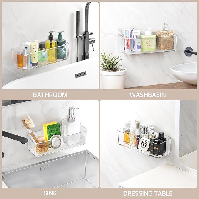 2 Pcs Clear Shower Shelf, Large Bathroom Wall Mounted Shower Caddy, No Drill Self Adhesive Bathroom Organizer with Self Adhesive Tape