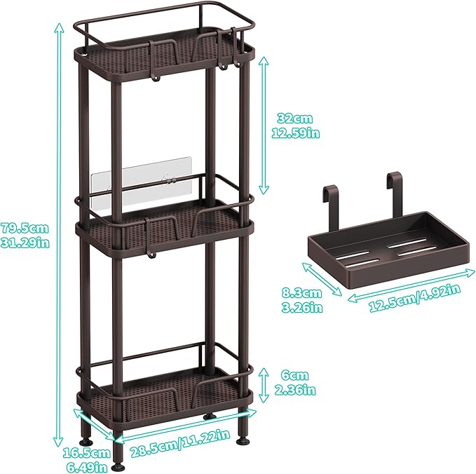 HapiRm Standing Corner Shower Caddy - 3 Tier Corner Shower Organizer with Soap Holder, Rustproof Stainless Steel Bathroom Shelf with 4 Hooks, Bronze