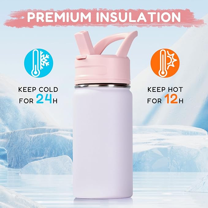 12oz Kids Water Bottle for School, Toddler Bottles with Straws, Stainless Steel Vacuum Insulated Water Bottle for Boys&Girls, Leak-Proof, BPA-Free, Luck