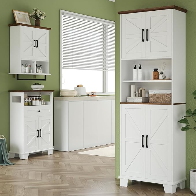 Farmhouse Bathroom Storage Cabinet, 67.9" Tall Freestanding Cabinet with 7 Adjustable Shelves & Barn Doors, Multipurpose Pantry Cupboard for Kitchen, Bathroom, Living Room, Dining Room
