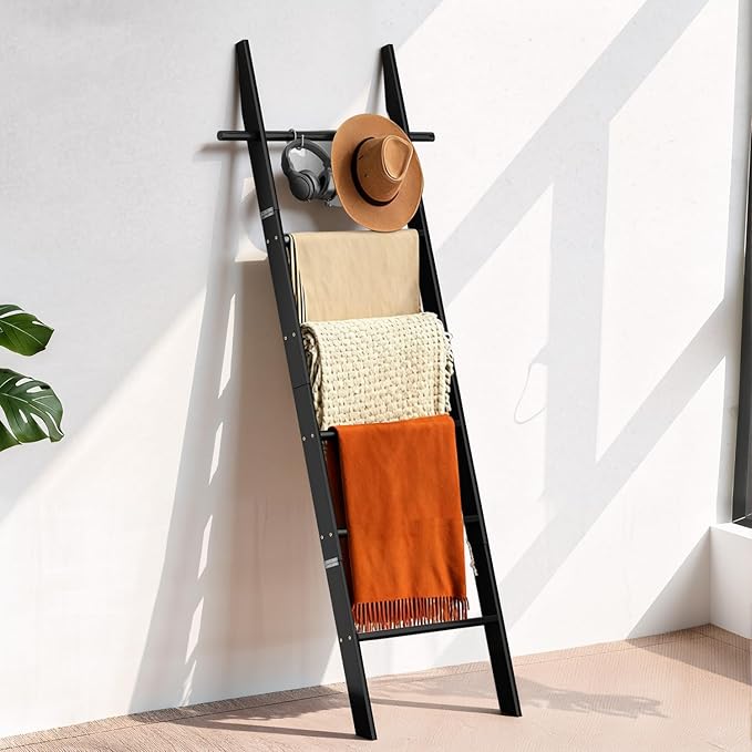 Farmhouse 6 Ft Wooden Blanket Ladder with Removable Hooks, 6-Tier Rustic Blanket Rack Decorative Stand, Leaning Towel Quilt Display Holder Storage for Bathroom Living Room Decor Black