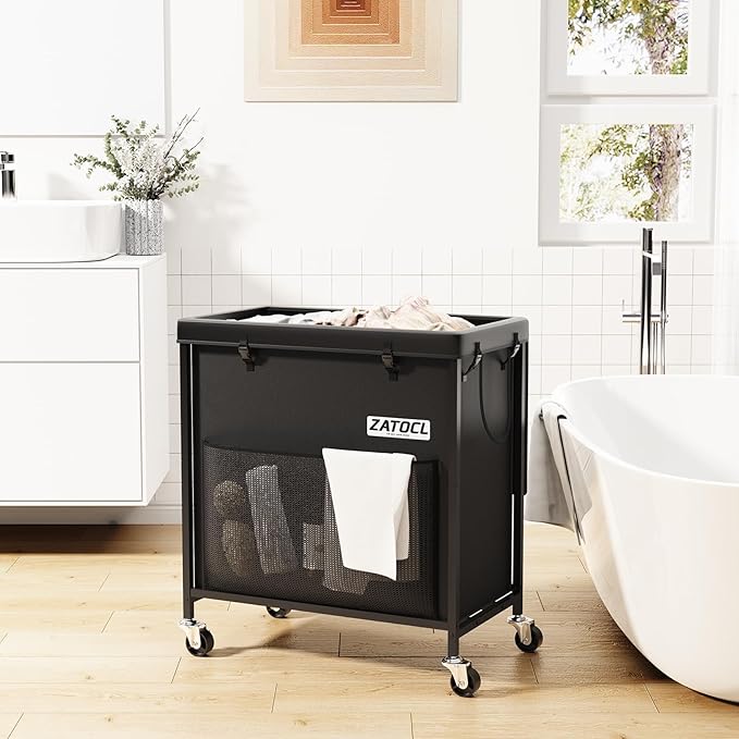 220L Laundry Hamper with Lid, Heavy Duty Laundry Basket with Wheels, Large Capacity Dirty Clothes Hamper with Thick Iron Frame & Removable Bag, Rolling Laundry Hampers for Bathroom Bedroom Aesthetic