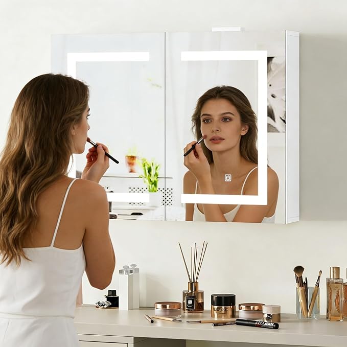 Snughome Bathroom Medicine Cabinet with Mirror & LED Lights, Wall Mount Bathroom Mirror with Storage, Built-in Power Outlets, Dimmable 3 Color Temp, Anti Rust Easy to Install, 31.5" x 23.6"