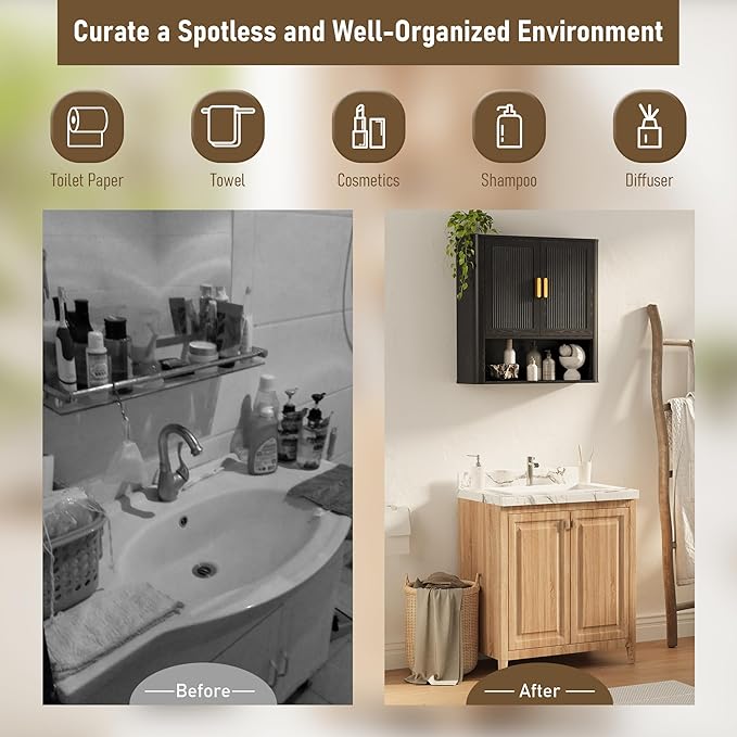 Bathroom Wall Cabinet, Wall-Mounted Medicine Cabinet with Adjustable Wood Shelf & Doors, Floating Bathroom Cabinet Over Toilet for Laundry Room & Kitchen & Living Room (Black)