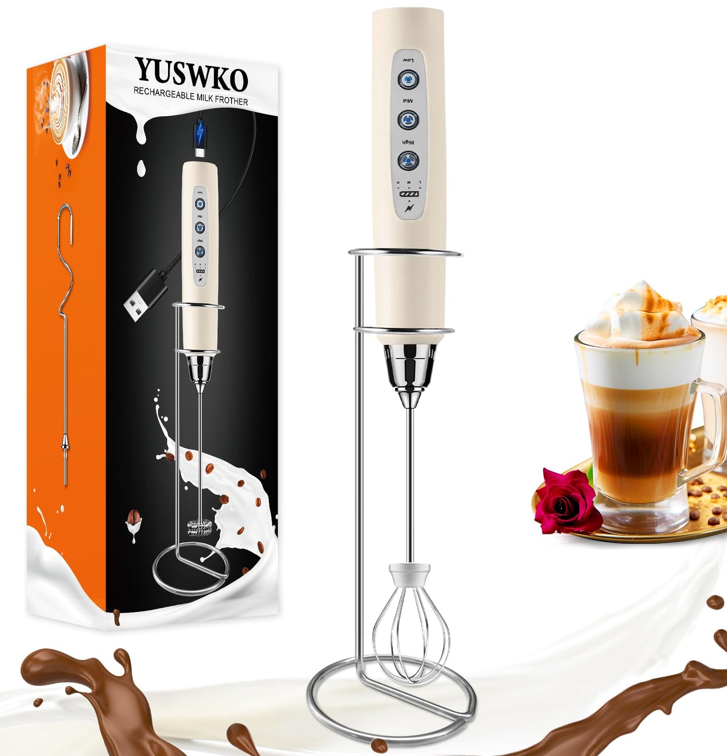 YUSWKO Handheld Milk Frother Wand for Coffee, Rechargeable Electric Whisk with 3 Heads 3 Speeds Drink Mixer Coffee Frother For Latte, Cappuccino, Hot Chocolate, Egg, Beige