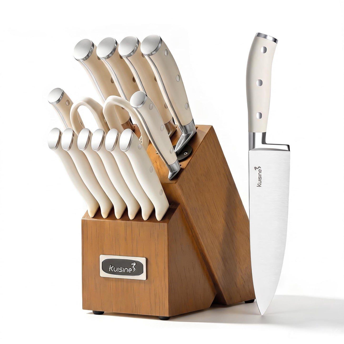 KUISINE Chef Knife Set, High Carbon Stainless Steel Ultra Sharp Blade Ergonomic Handle, Kitchen Knife Block Set with Built-in Sharpener, Elegant Gift for Holiday(15 PCS Pro White)