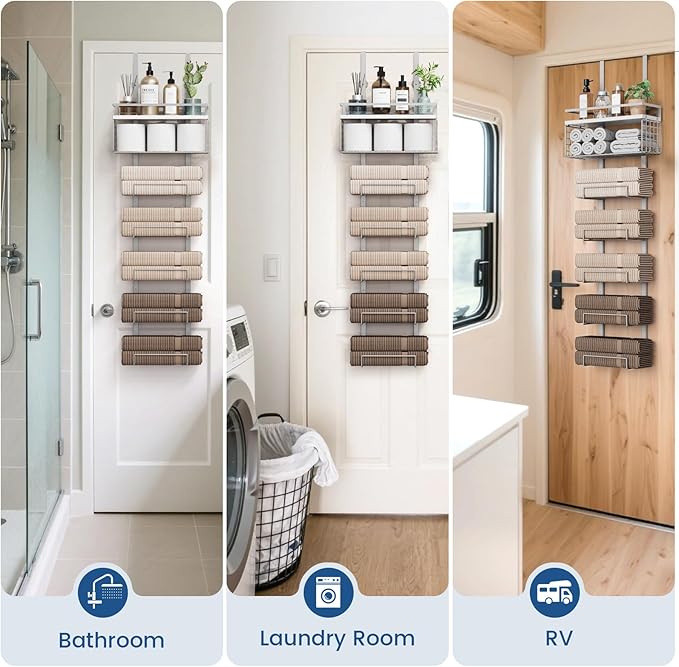 Towel Racks for Bathroom Over The Door Towel Racks Towel Storage Organizer with Metal Shelf Basket for Bathroom Rv Camper (7-Tier Silver)