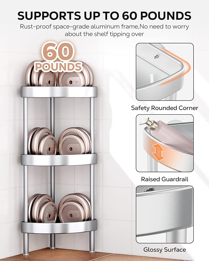 Nieifi Corner Shower Caddy Stand-3 Tier Rustproof Anodized Aluminum Standing Shower Organizer-Shower Caddy Corner-Dual Stability to Anti-Shaking-Height-Adjustable Legs for Uneven Surfaces-Silver