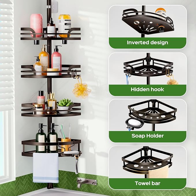 HAMITOR Shower Caddy Tension Pole: Rustproof Bathroom Corner Shelf for Renters, 47-121 inches Adjustable Organizer with Soap Holder-Large Capacity Rack for Shampoo Storage Home Accessory- Bronze