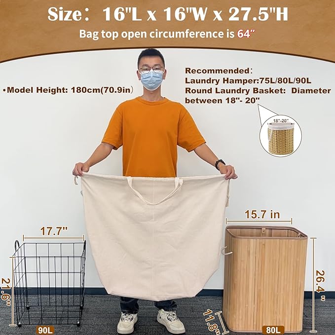Cotton Canvas Laundry Bags with Handles & Square Base 16"Lx16"Wx27.6"H, Extra Large Heavy Duty Laundry Basket Hamper Liner, Washable Drawstring Dirty Clothes Bag Cotton Storage Sack (Natural,1 Pack)