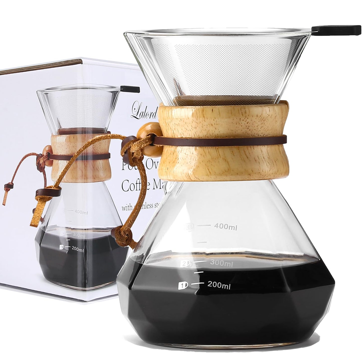 Lalord Pour Over Coffee Maker, 600ml/20oz Borosilicate Glass Carafe with Stainless Steel Filter & Wooden Collar, 3-4 Cups Capacity, Clear