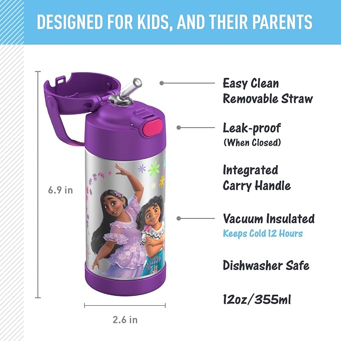 THERMOS FUNTAINER Water Bottle with Straw - 12 Ounce - Kids Stainless Steel Vacuum Insulated Water Bottle with Lid, Encanto