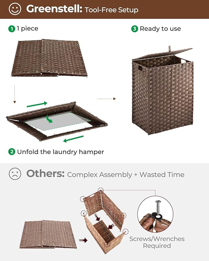 Greenstell Laundry Hamper with lid, No Install Needed, 90L Wicker Laundry Baskets Foldable 2 Removable Liner Bags, 2 Section Clothes Hamper Handwoven Rattan Laundry Basket with Handles, Brown
