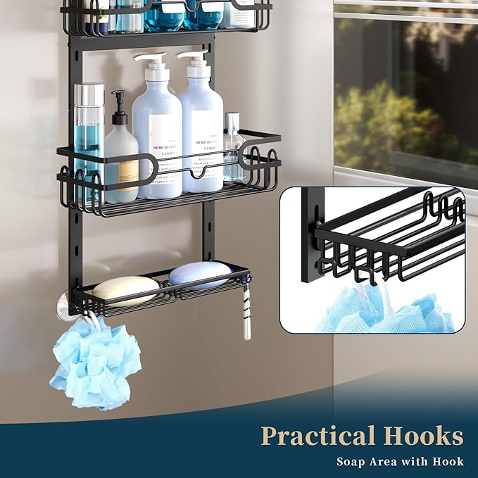 Consumest Over The Door Shower Caddy - 4 Tier Adjustable Hanging Shower Organizer Shelf with 2 Soap Holders & 22 Hooks, Rustproof Easy Installation Hanging Storage Rack for Bathroom, Black