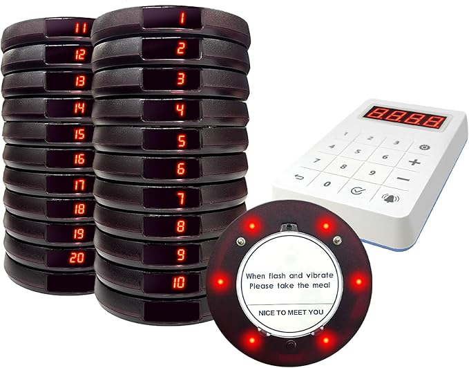 Restaurant Buzzer System, 10 Coaster Beeper Pager System with Buzzer, Customer Queue Pagers Set with Vibration, Flashing and Buzzer, for Food Truck, Church, Nursery