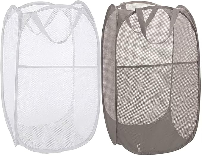 BATTOO Deluxe Strong Mesh Pop up Laundry Hamper Basket with Side Pocket Foldable Hamper for Laundry Room, Bathroom, Kids Room, College Dorm or Travel Grey + White