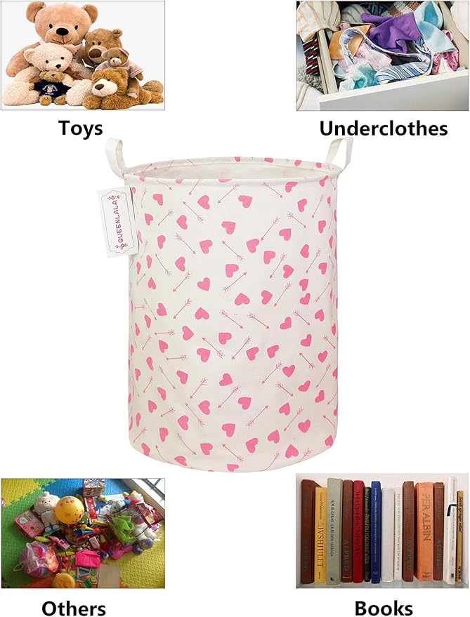QUEENLALA Large Storage Basket,Laundry Hamper/Bathroom/Home Decor/Collapsible Round Storage Bin,Boys and Girls Hamper/Boxes/Clothing(Heart Arrow)