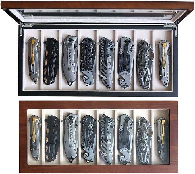Besforu Knife Display Case Organizer storage 8 pocket knives, Folding Knife Holder with Real Glass Window Top， Pocket knife collection box for men gift (Ebony Veneer 8 slot)