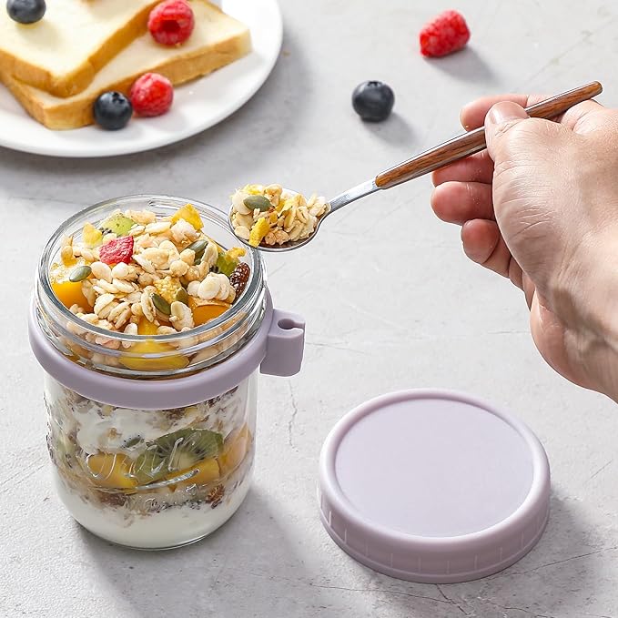 6 Pack Overnight Oats Containers with Lids and Spoons, 16 oz Glass Mason Overnight Oats Jars, Large Capacity Airtight Jars for Milk, Cereal, Fruit