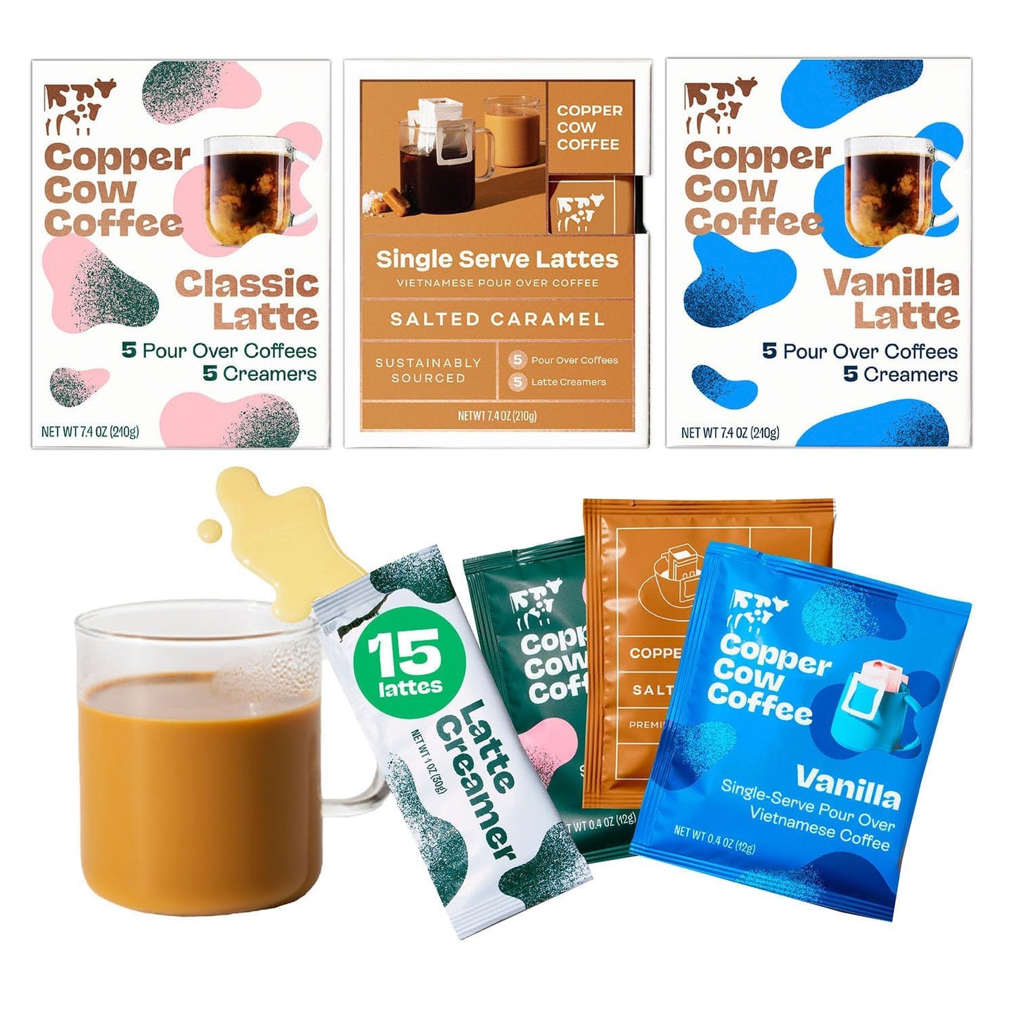 Copper Cow Coffee Vietnamese Latte Variety Pack, 15 Coffees & 15 Creamers