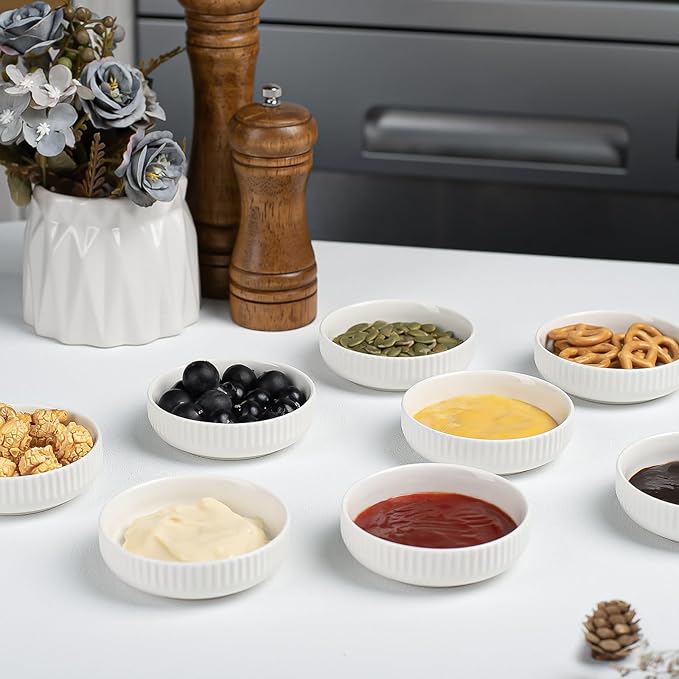 KOBIKOBI Dipping Bowls Set of 8-3 Oz Ceramic Sauce Bowls, Soy Sauce Dish, Small Condiment Cups for Sushi, BBQ, Appetizer - Stackable Food-Safe White Dipping Sauce Bowls, Japanese Style