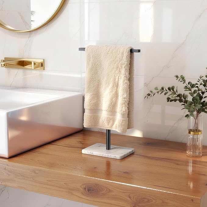 Hand Towel Holder Stand, Matte Black Hand Towel Rack for Bathroom, T-Shape Towel Holder Stainless Steel for Kitchen Vanity Countertop, Marble Base Adjustable 9.06"-17.68"