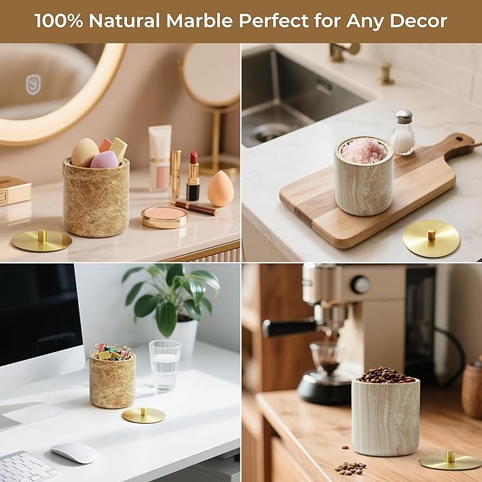 WORHE Marble Qtip Holder with Brass Lid for Cotton Swabs,Balls,Pads,Floss Picks Large Capacity Marble Apothecary Jar for Bathroom Essentials Decor, Vanity Makeup Storage Organizer Grey (WH079)