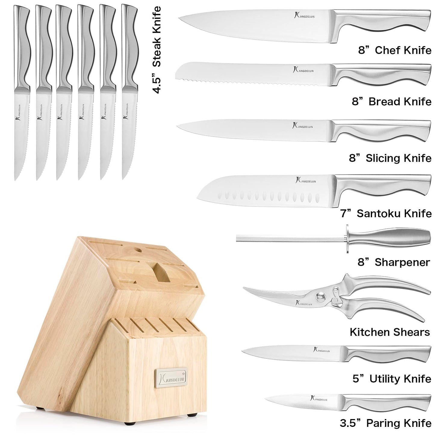 Kangdelun 15-Piece Ultra Sharp Kitchen Knife Set with Wooden Block, Exclusive Ergonomic Anti-Slip Handle, High-Carbon 50CR15MOV Steel, Angled Design, Natural Wood Block