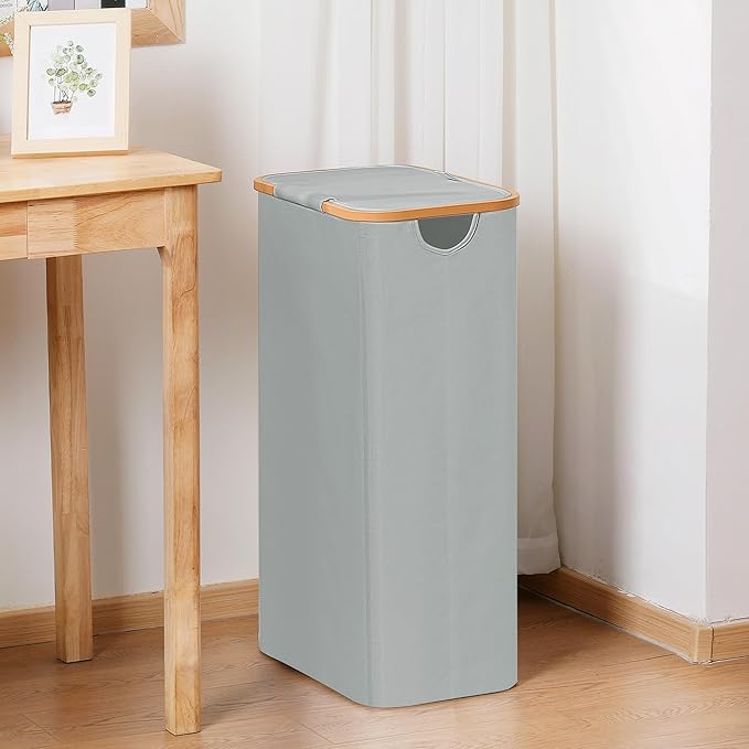 Slim Laundry Basket with Lid, Narrow Dirty Clothes Hampers for Laundry with Handle, Skinny Laundry Bin for Laundry Room, Dorm, Bedroom and Bathroom, 19.8 Gallon (75L) Silver Grey