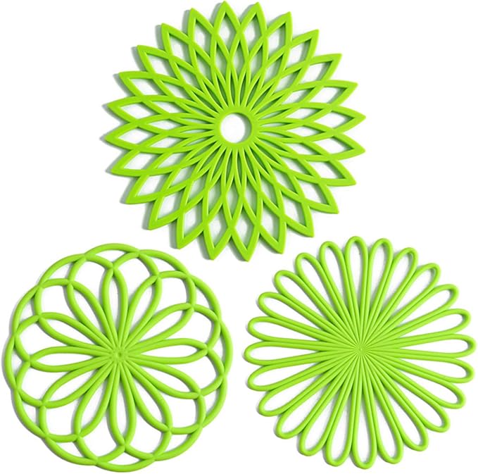 Set of 3 Silicone Trivet Mat - Hot Pot Holder Hot Pads for Table & Countertop - Trivet for Hot Dishes - Non-Slip & Heat Resistant Modern Kitchen Hot Pads for Pots & Pans, Dark Green