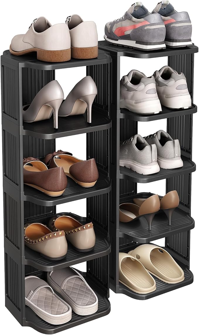 Kitstorack 10 Tiers Stackable Shoe Rack for Closet and Front Door Entrance - Free Standing Plastic Stand, Narrow Tall Vertical Organizer for Small Spaces Storage