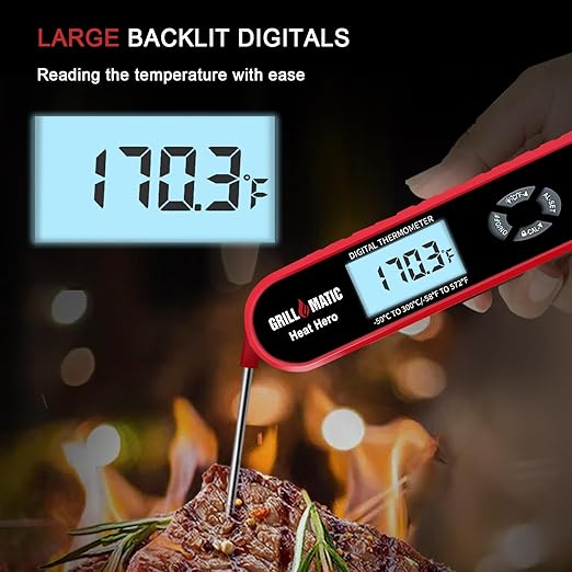GRILLMATIC Heat Hero Digital Instant Read Meat Thermometer for Cooking and Baking with Backlight, Hold Function & Magnet for Kitchen, Beef, Grill, BBQ, Candy and Turkey
