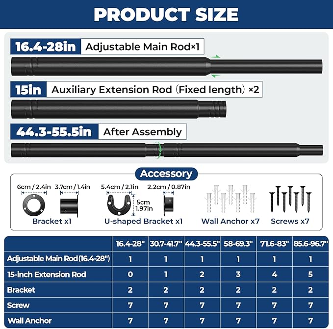 Mavivegue Closet Rods for Hanging Clothes,17 to 57 Inches Stepless Adjustable Metal Closet Rod, Heavy Duty Tension Rod, Extra Long Tension Rod, Adjustable Curtain Rod, for Closet, Black
