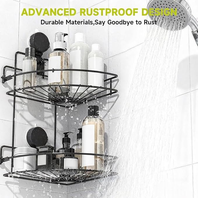 Shower Caddy Suction Cup, 2 Pack Suction Shower Shelf, NO-Drilling Bathroom Holder, Rustproof Bathroom Organizer for 90° Wall Corner, Black