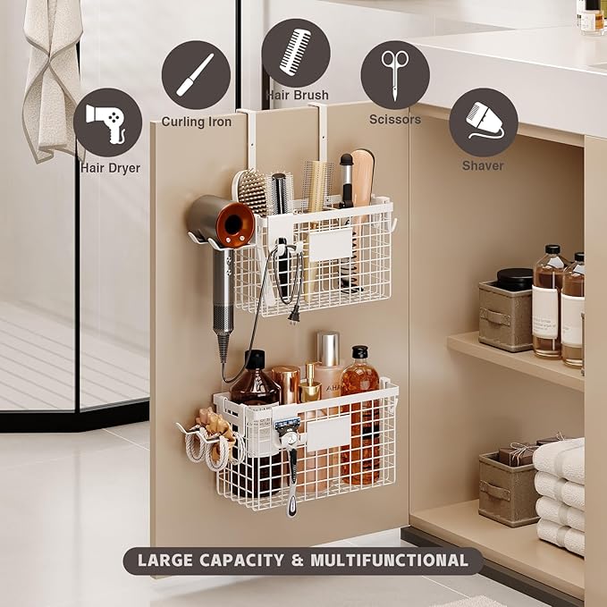 Hair Dryer Holder Cabinet Door 3-in-1 Adhesive Hair Tool Organizer Wall Mounted Adjustable Height Blow Dryer Holder Under Sink Bathroom Hair Appliance Organizer and Storage Countertop(White)