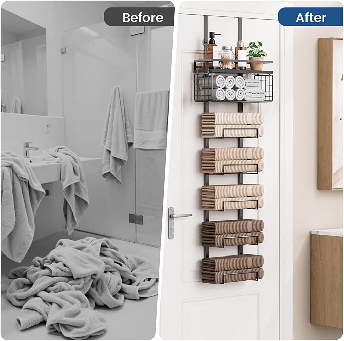 Towel Racks for Bathroom Over The Door Towel Racks Towel Storage Organizer with Metal Shelf Basket for Bathroom Rv Camper (7-Tier Black)
