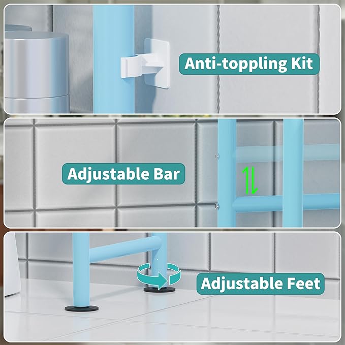 3-Tier Over The Toilet Storage with Paper Holder, Metal Bathroom Organizers and Storage for Small Space, Freestanding Bathroom Shelves with 4 Hooks, Above The Toilet Storage Shelf (Blue)