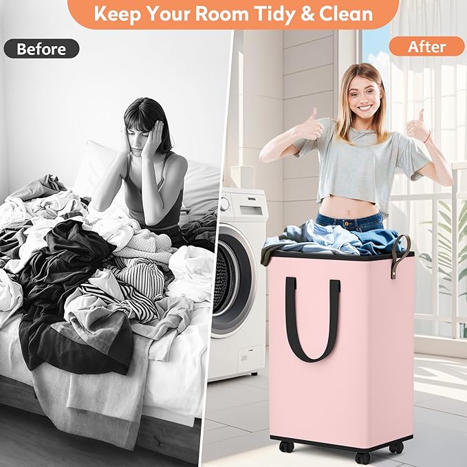 Laundry Basket with Wheels, Collapsible Laundry Baskets, Laundry Hamper with Handles Detachable Wheels, Rolling Laundry Basket, Dirty Clothes Hamper for Bathroom, Dorm, Bedroom, Pink, 80L