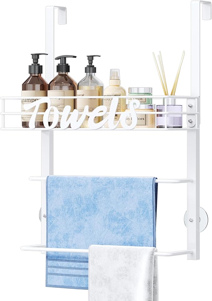 SWTYMIKI SWTYMIKI Over The Door Towel Racks for Bathroom - 5-Tier Wall Mounted Bathroom Towel Storage Organizer Holder with Metal Shelf (3 Tier-White)