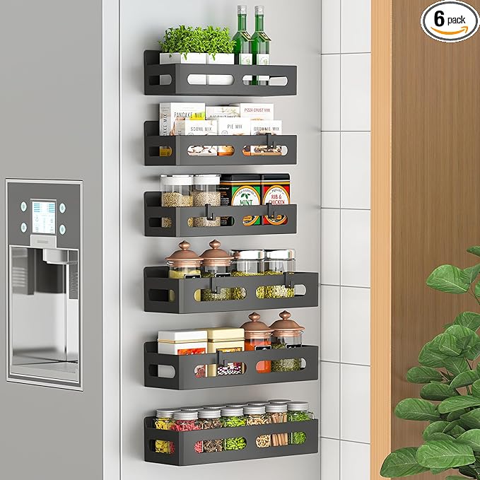 6 Pack Strong Magnetic Spice Rack for Refrigerator, Multipurpose Magnetic Shelf for Fridge with 4 Hooks for kitchen and Bathroom Organization, Black